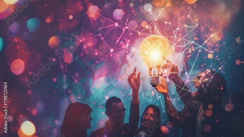 An abstract visualization of thoughts flowing freely between team members, converging into a radiant lightbulb above their heads, depicting the power of shared ideas in sparking innovation. photo