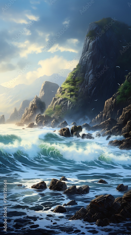Coastal scene with rugged cliffs and crashing waves, offering a dramatic and powerful landscape suitable for an energizing desktop background