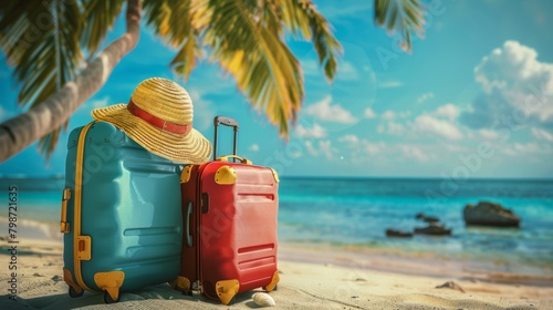 Two colorful suitcases and a stylish straw hat positioned under a palm tree on a sunny tropical beach  depicting a relaxing holiday vibe.