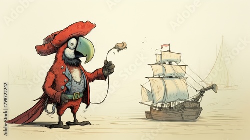 Colorful pirate parrot and quirky owl in a mystical setting engage in animated conversation