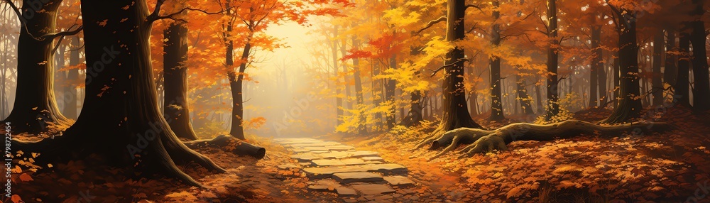 Tranquil scene of a forest path covered in fallen leaves, with trees displaying vibrant autumn colors under a soft, golden sunlight