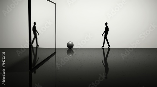 Silhouetted figure walking through a door  reflective surface with surreal sphere