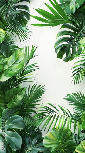 Vibrant tropical leaves forming a frame on a bright white background, offering a fresh and clean layout for summer ads