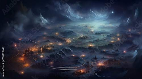 Majestic night landscape with illuminated cities weaving through mountains under a starlit sky