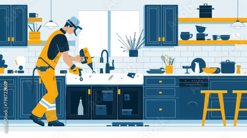Home Improvement: A vector illustration of a person wearing safety gear and using a power tool to renovate a kitchen cabinet