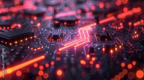 A digital circuit board background with vibrant neon lights pulsing through the intricate network of wires and components.