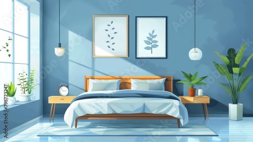 Interior Design  A vector illustration of a minimalist bedroom with a bed  bedside tables  and simple decor