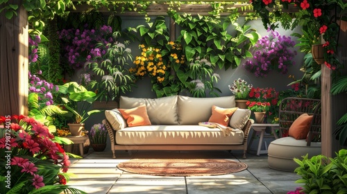 Outdoor Living: A 3D vector illustration of a cozy outdoor patio with a comfortable sofa