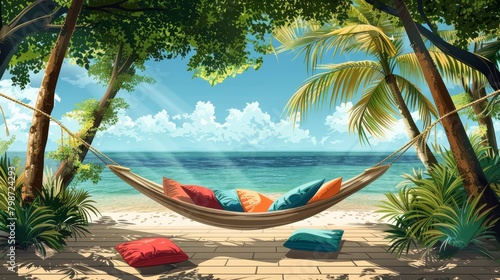 Outdoor Living: A Vector illustration showcasing a breezy outdoor hammock area with colorful cushions