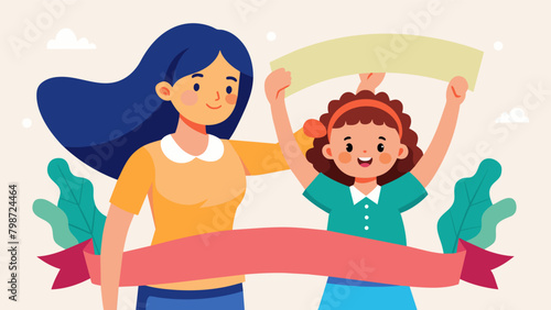 A mother and daughter holding up a bright banner together showcasing a meaningful message of freedom and equality.. Vector illustration