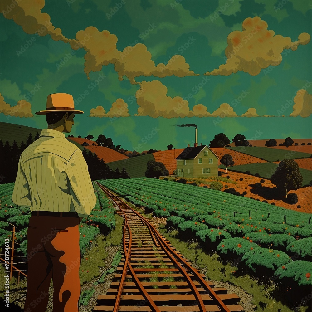 A farmer gazing at his field, now crisscrossed with railroad tracks ,