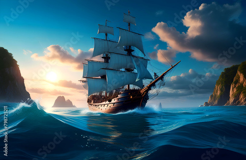 Sailing ship in the sea at sunset. 3d render illustration. Generative AI