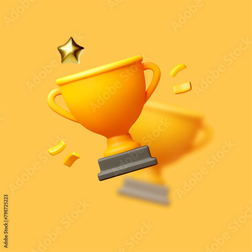 3D winners cup. Trophy cup. Vector award nomination background.