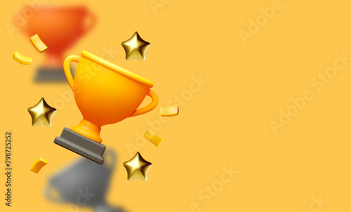 3D winners cup. Trophy cup. Gold, silver and copper. Vector award nomination background.