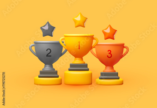 3D winners cup. Trophy cup. Gold, silver and copper. Vector award nomination background.