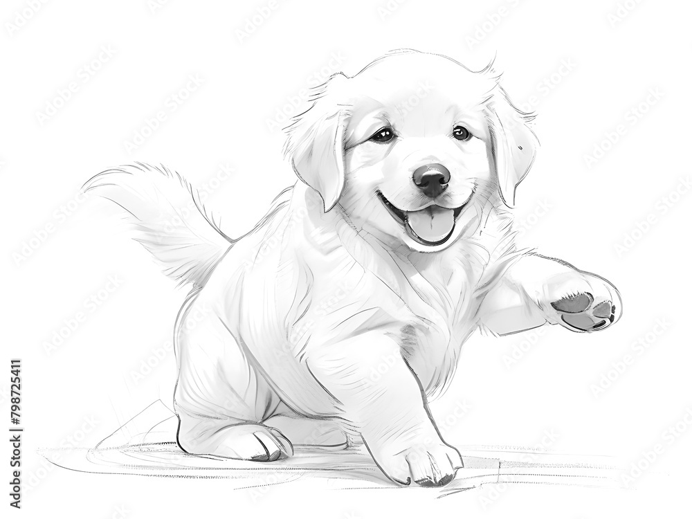 Fototapeta premium Black and white sketch of a Golden Retriever puppy. who are happy running around having fun Puppies have high tails and wide smiles. His left front paw raised.