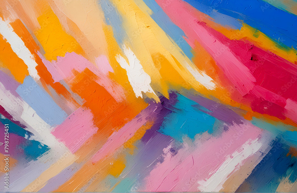 Fototapeta premium Oil paint texture with brush and palette knife strokes. Multi colored wallpaper. Macro close up acrylic background. Modern art concept. Horizontal fragment. Generative AI