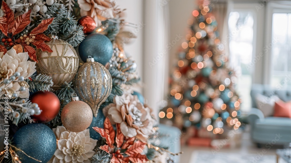 Fototapeta premium Seasonal Decor Holiday Tree: Photos showcasing beautifully decorated holiday trees with ornaments