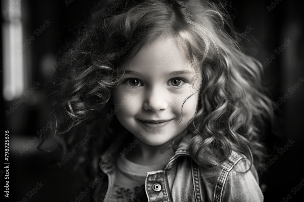 Portrait of a cute little girl with curly hair. Black and white. Portrait of a cute little girl with curly hair. Black and white.