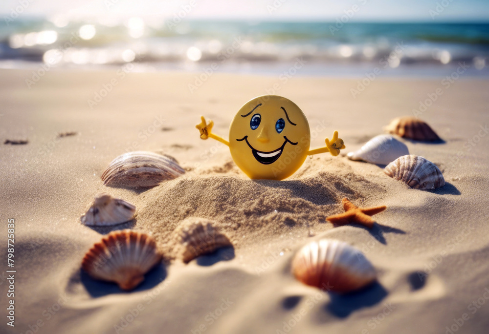 Naklejka premium drawn tropical summer hands accessories beach face drawing seashells vacation happy photo smiley child sand holiday Smiling sun