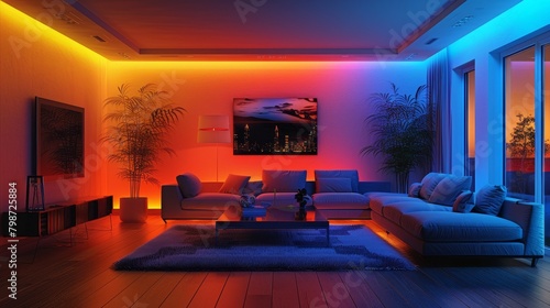 Smart Home Technology: A 3D vector illustration of a smart lighting system in a living room © MAY