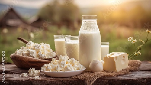 Dairy products on wooden background  selective focus  Generative AI 