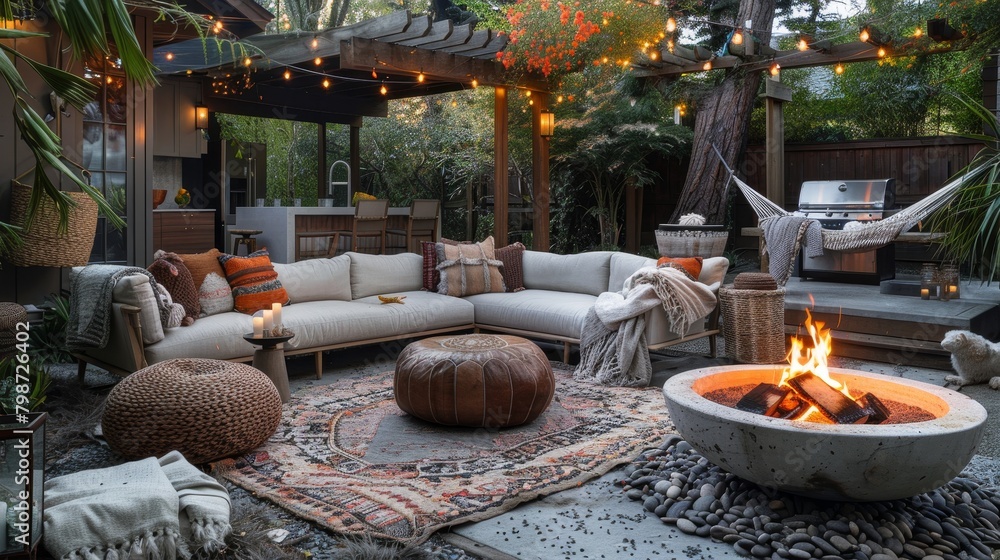 Sustainable Living Coziness: A cozy outdoor living area with a warm fire pit, comfortable seating