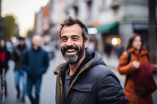 Handsome middle aged man smiling at the camera in a city street
