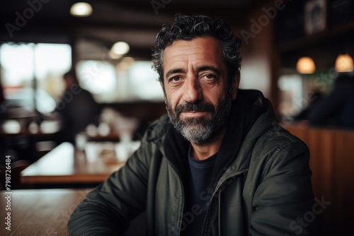 Portrait of a bearded man in a green jacket sitting in a cafe.