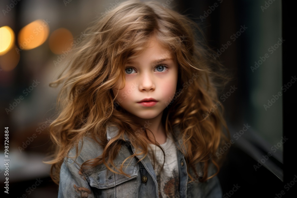 Portrait of a beautiful little girl with long curly hair in the city Portrait of a beautiful little girl with long curly hair in the city