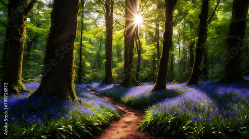 A magical woodland scene  with a carpet of bluebells carpeting the forest floor and shafts of sunlight filtering through the trees  creating a fairy-tale atmosphere