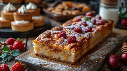 Delicious homemade pie topped with fresh raspberries and a dusting of powdered sugar, served on a rustic wooden table, ready for a sweet treat. 