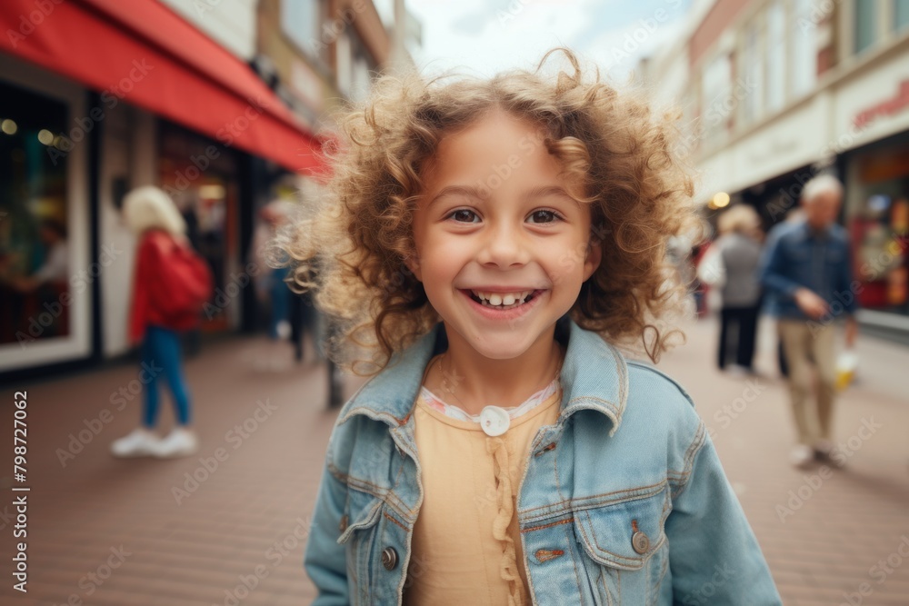 Cute little girl with curly hair in a denim jacket is walking in the city. Cute little girl with curly hair in a denim jacket is walking in the city.