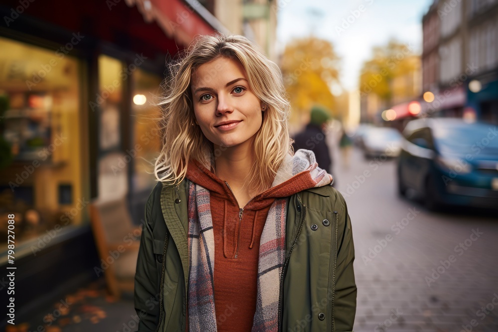 Portrait of a young woman walking in the city at autumn day