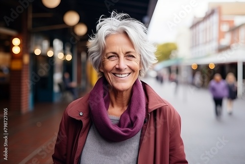 Portrait of a happy senior woman smiling at camera in the city