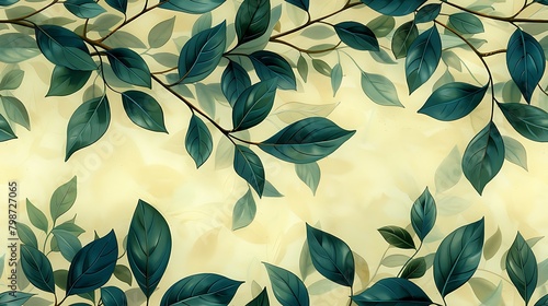 Elegant illustration of green leaves on branches with a soft beige background designed for versatile backgrounds or nature themes 