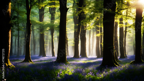 A magical woodland scene, with a carpet of bluebells carpeting the forest floor and shafts of sunlight filtering through the trees, creating a fairy-tale atmosphere