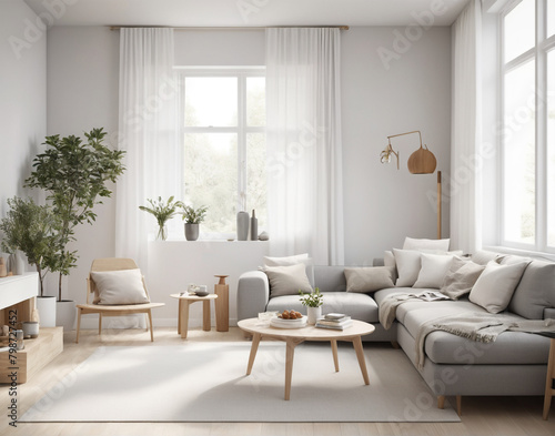 Scandinavian modern living room where clean lines and minimalist design converge with warmth and functionality. surrounded by sleek furniture pieces crafted from natural materials, Generative Ai.