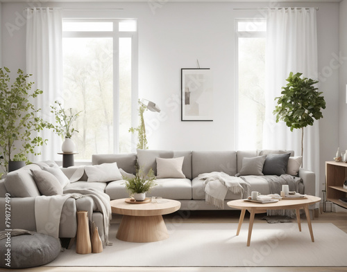 Scandinavian modern living room where clean lines and minimalist design converge with warmth and functionality. surrounded by sleek furniture pieces crafted from natural materials, Generative Ai.