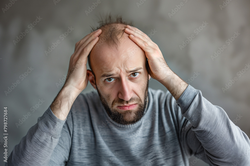 Hair loss. Man concerned about losing hair on his forehead . Portrait of adult caucasian male in his 40s.soft focus blur effect