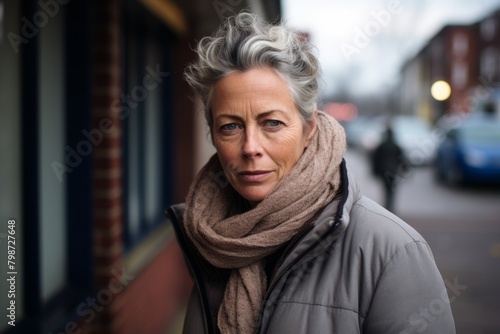 Portrait of senior woman with grey hair and scarf in the city © Stocknterias