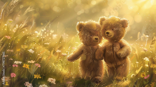 pair of teddy bears holding hands as they stroll through a sunlit meadow their furry arms linked in unity and their smiles radiant with joy symbolizing the enduring strength of love and togetherness. © Teddy Bear
