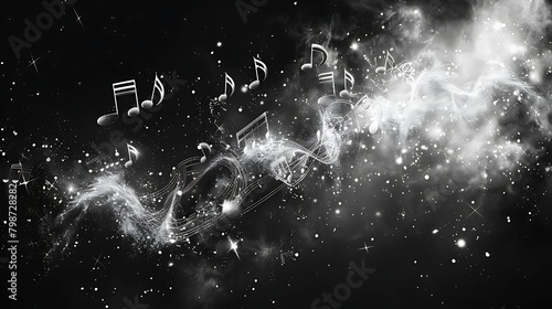 A flowing trail of musical notes and symbols, all glowing and intertwined against a dark background with light particles, depicts the concept of music and rhythm in a dynamic and abstract manner. photo