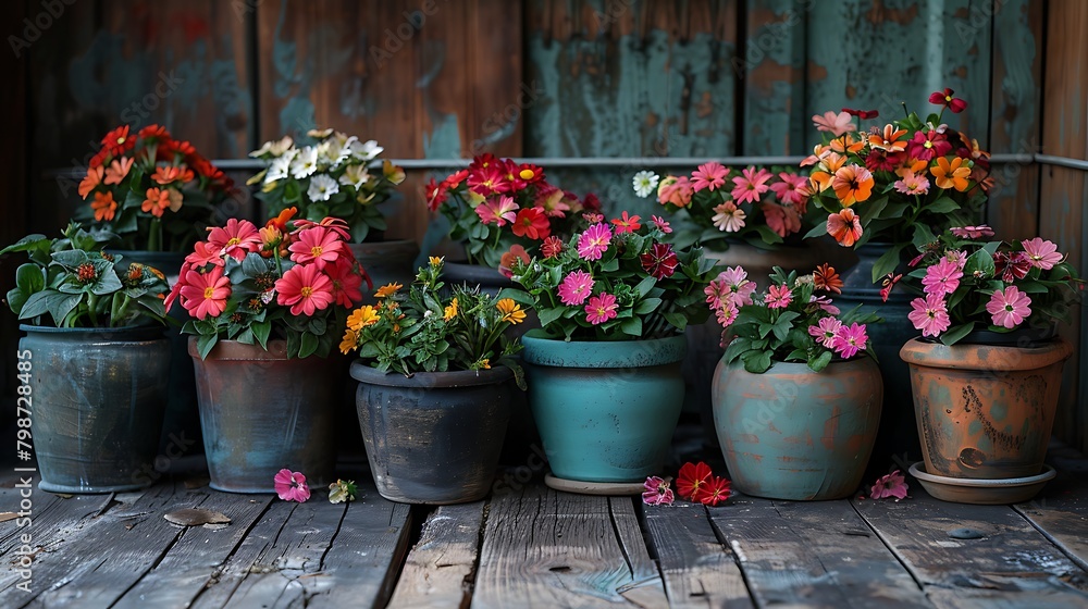Assorted colorful flowers in rustic pots on a wooden table set against a weathered backdrop, perfect for gardening or decor themes. 
