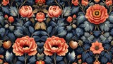 A seamless floral pattern with vibrant flowers and leaves on a dark background for textile or wallpaper design. 