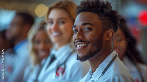 Group of smiling healthcare professionals in white coats posing in a row with a focused young man in the foreground. 