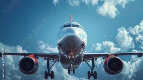 airplane in flight during landing with extended landing gear photo