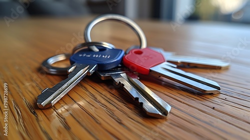 A close-up shot of a bunch of keys with blue and red key tags lying on a wooden surface. 