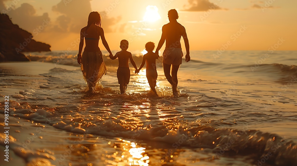 A silhouette of a family holding hands while walking on the beach at sunset, reflecting a sense of togetherness and serenity. 