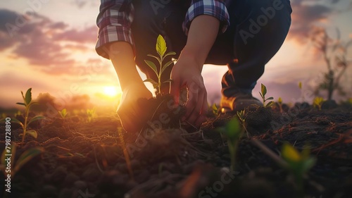 farmer sows vegetable seeds on prepared soil, Generative AI, photo